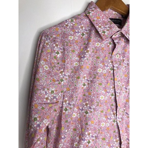 Nick Graham Stretch Slim Fit Medium Long Sleeve Button Pink Floral Shirt - Picture 3 of 10